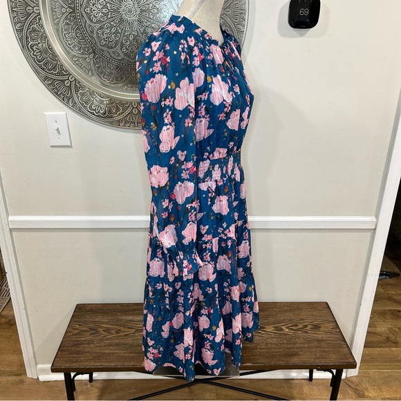 Jade - Melody Tam Blue Midi Dress with Pink Flowers - Gold Accents Size M - Picture 5 of 10
